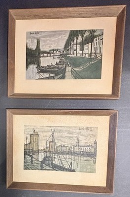 Vintage Pair Bernard Buffet '55 MCM Prints Canal Shipyard City Framed Print NICE