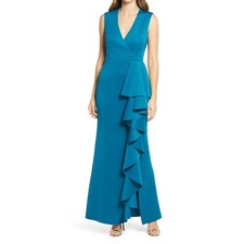 ELIZA J NEW $198 Sleeveless Ruffle Stretch Satin Gown in Peacock Size 2