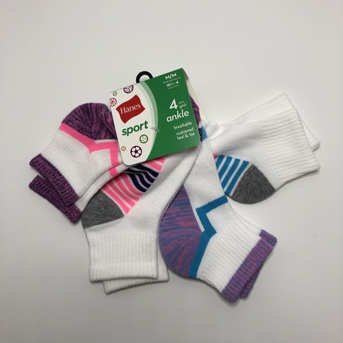 Ankle Socks Girls Shoe Size 10.5-4 Hanes Sport 4-Pair - Picture 5 of 6