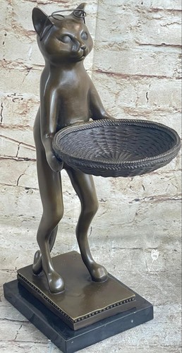 Standing Cat Business Card Holder Key Dish Bronze Sculpture Statue Figure Marble - Picture 3 of 12