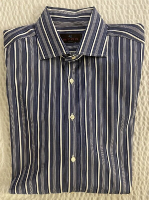ETRO made in italy Bold Woven Stripe Spread Collar Sport Shirt in Blue XL $425