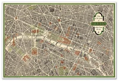 Aerial View Pictorial Street Tourist Map of Vintage Old PARIS France circa 1959