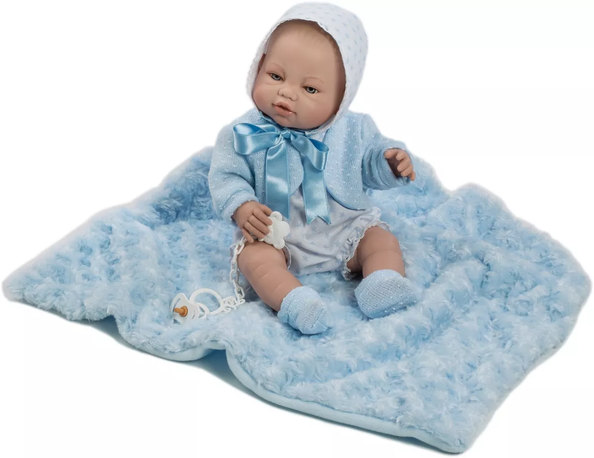 Berbesa -Muñeco bebe recién nacido vestido mantita azul 42 cm vinilo Caja  (5114)