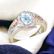 Aquamarine Oval Cut Gemstone With 14K Solid White Gold Ring For Men's A189