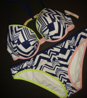 Victoria's Secret 34DD BIKINI M,L bottom White Navy Ink Blot Green GEO racerback