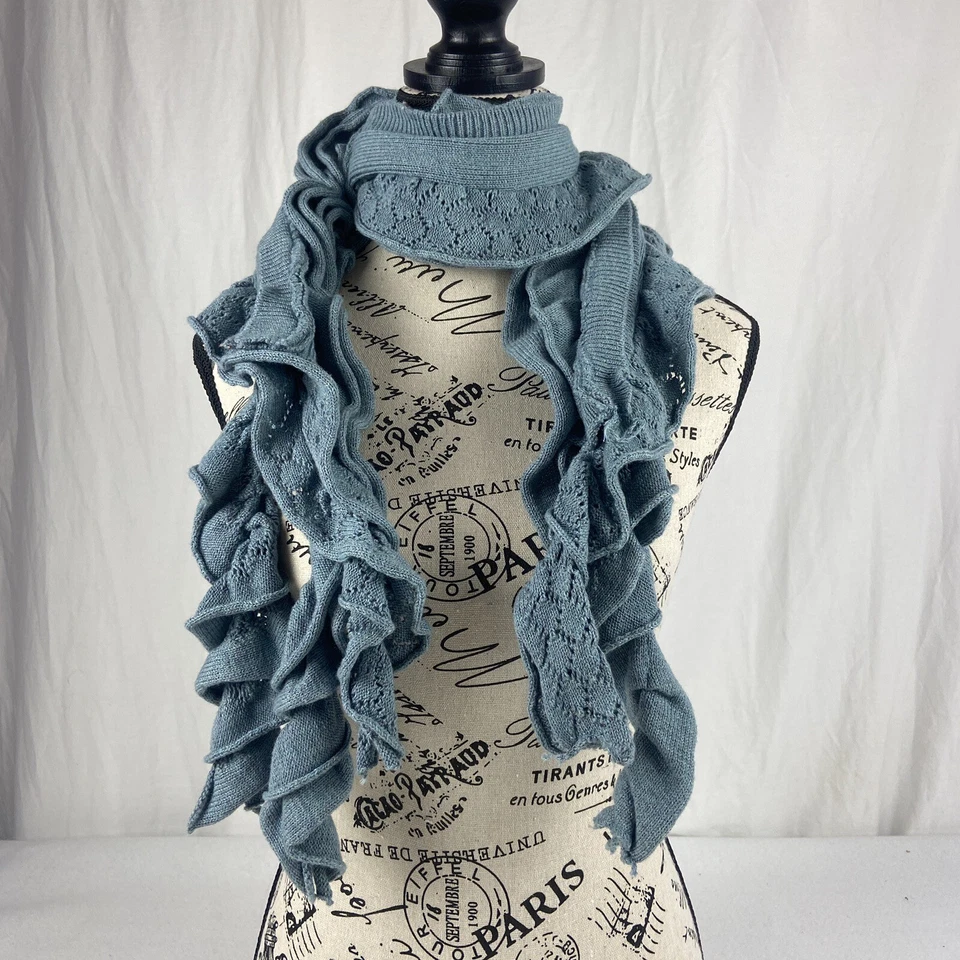 J. Mclaughlin Mujer Volantes Bufanda Crochet Cachemira Lana Flecos Boho Azul Foto 3 de 4