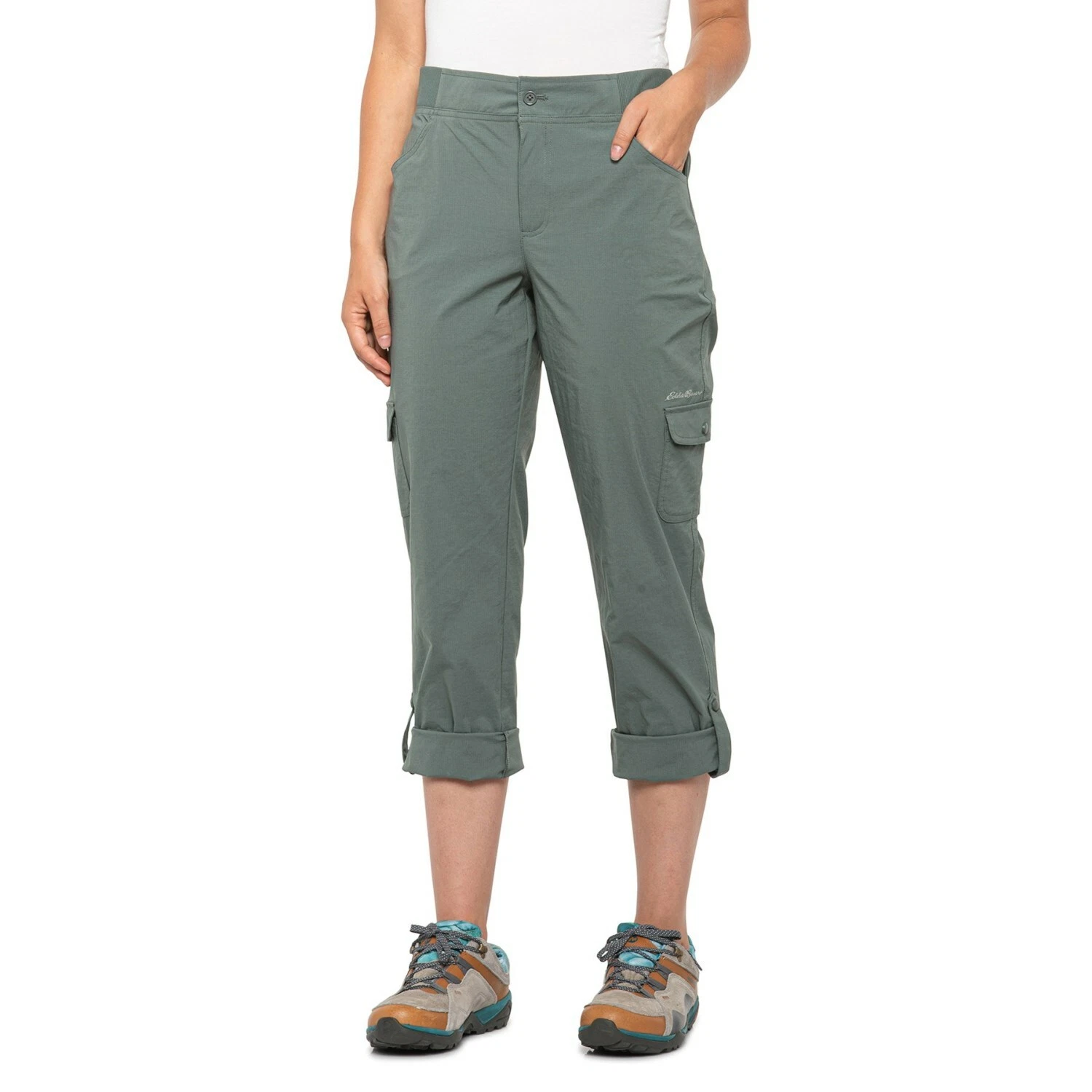 NWT Womens Eddie Bauer Dylan Ripstop Adjustable Snap Pants Capri Large