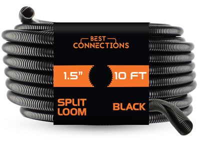 1.5'' x 10' Black Split Loom Tubing Wire & Hose Cover Polyethylene Audio Video