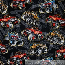 BonEful FABRIC FQ Cotton Quilt Black Red Yellow Monster Truck Race Track Car Boy
