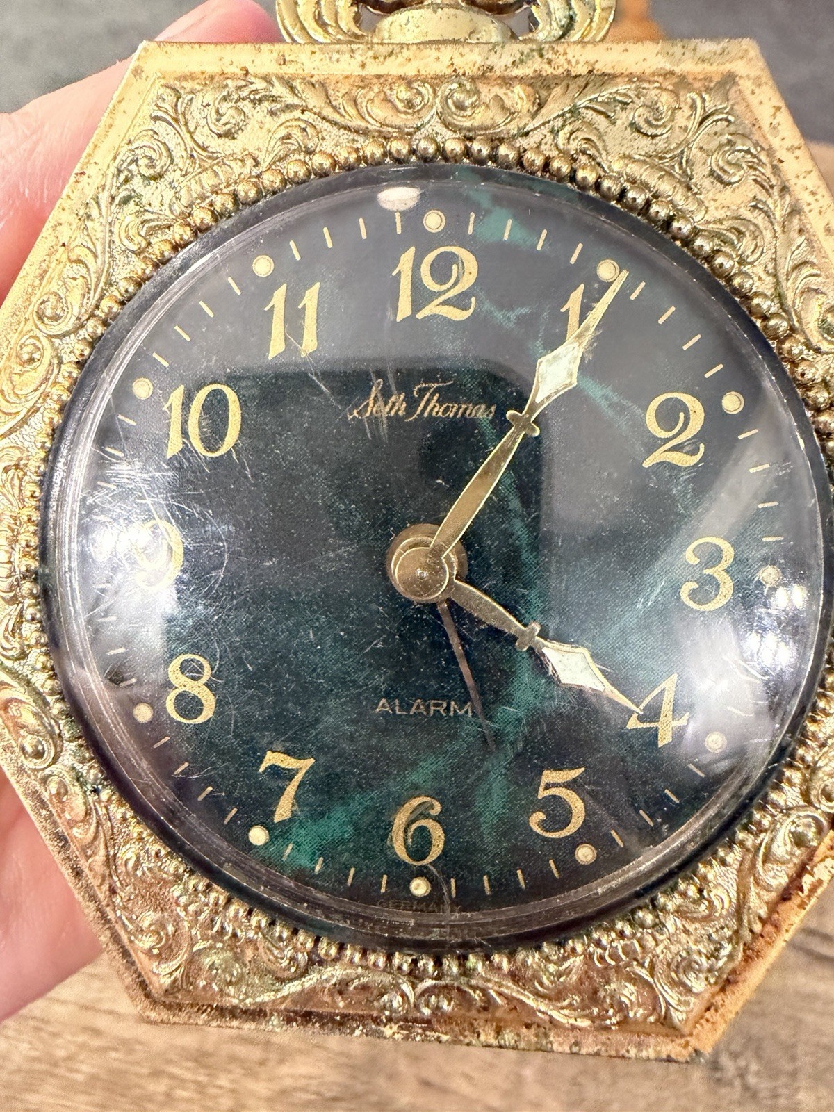 Vintage Seth Thomas Brass Analog Alarm Clock Germany Works 4”x 3 1/2” WORKS!