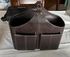 Vtg Brown Leather Storage Basket Case Caddy B...