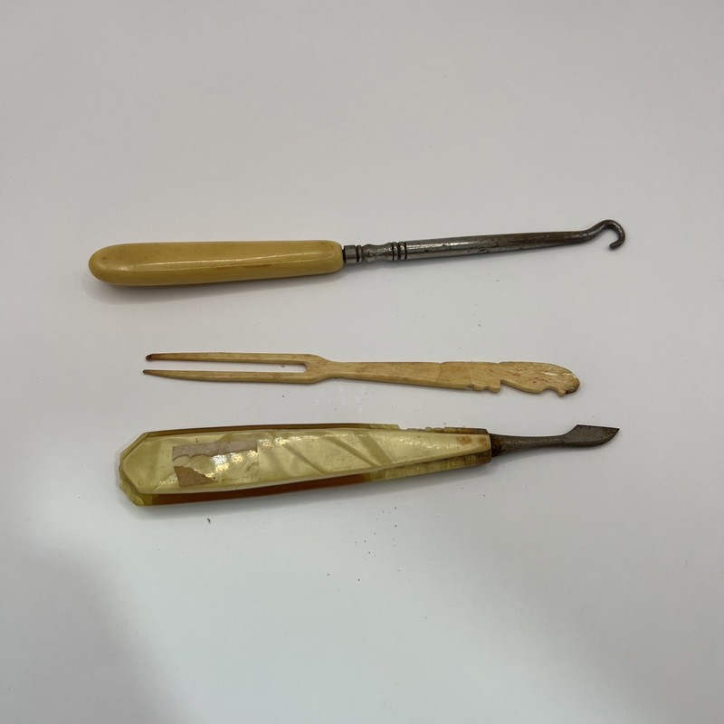 Antique Pyralin Celluloid Nail File Tools and Button Hook Vanity Set