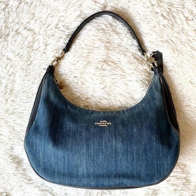 COACH Denim Leather Hobo Shoulder Bag Blue Floral Lining Zip Y2K