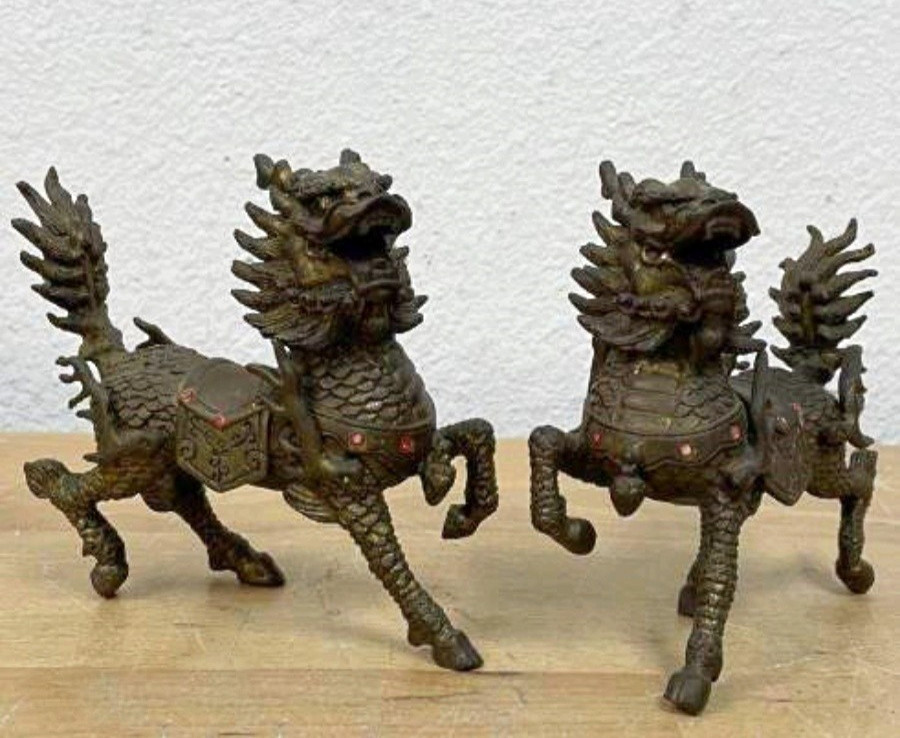 19th Century Chinese Qing Dynasty Bronze Qilin Kirin Statue Pair 4" x 4"