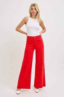 Tummy Control High Rise Wide Leg Palazzo Jeans with Raw Hem - Risen