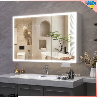 Aluminum LED Bathroom Mirror Cabinet with Shelf Demister Dimmable Light Cupboard