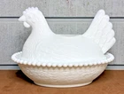 INDIANA GLASS Vintage Milk Glass White Hen on Nest Covered Candy Dish 7" Long