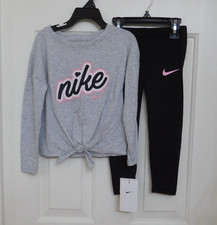 NWT 2pc Nike Gray Pink Black Heart Logo Tie Waist Top  Leggings Set sz 4