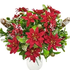4 Pack Christmas Flowers Artificial Velvet Poinsettias with Glitter Balls Pin...