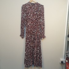 Phase Eight Shirt Dress Womens UK 12 Brown Abstract Print Ruffle Occasion Midi