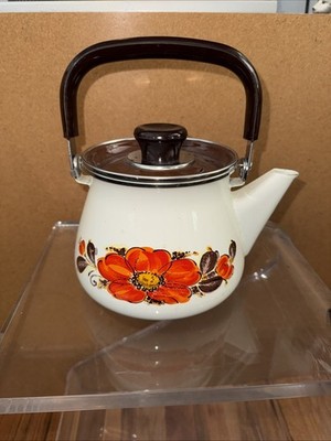 Vintage 70s Floral Enamel Tea Kettle Pot Orange Flower Retro