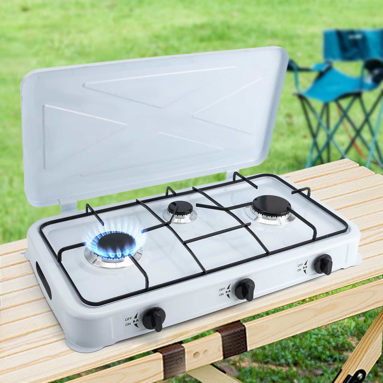 59*32*7cm 3 Burner Iron Gas Stove Gas Cooktop W/ A Windshield For Restaurants