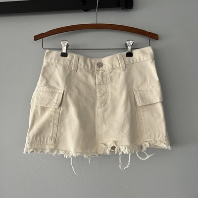 Pacific Republic Pull & Bear Cream Cargo Denim Mini Skirt Size 2 Distressed Hem