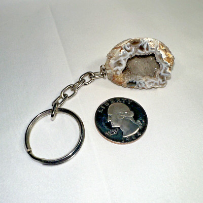 NEW Natural Oco Agate Geode Keychain Key Ring, Half Stone Rock Crystal Mineral