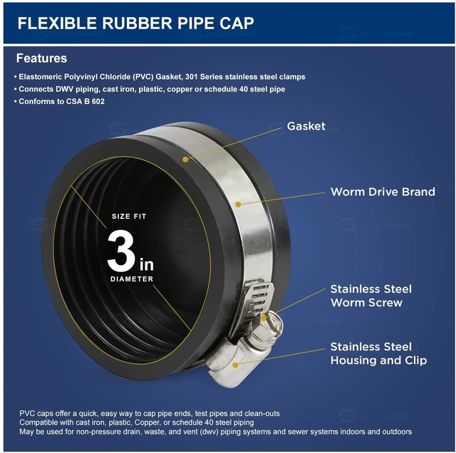 Everflow 6 Inch Flexible PVC Pipe Cap With Stainless Steel Clamps Black