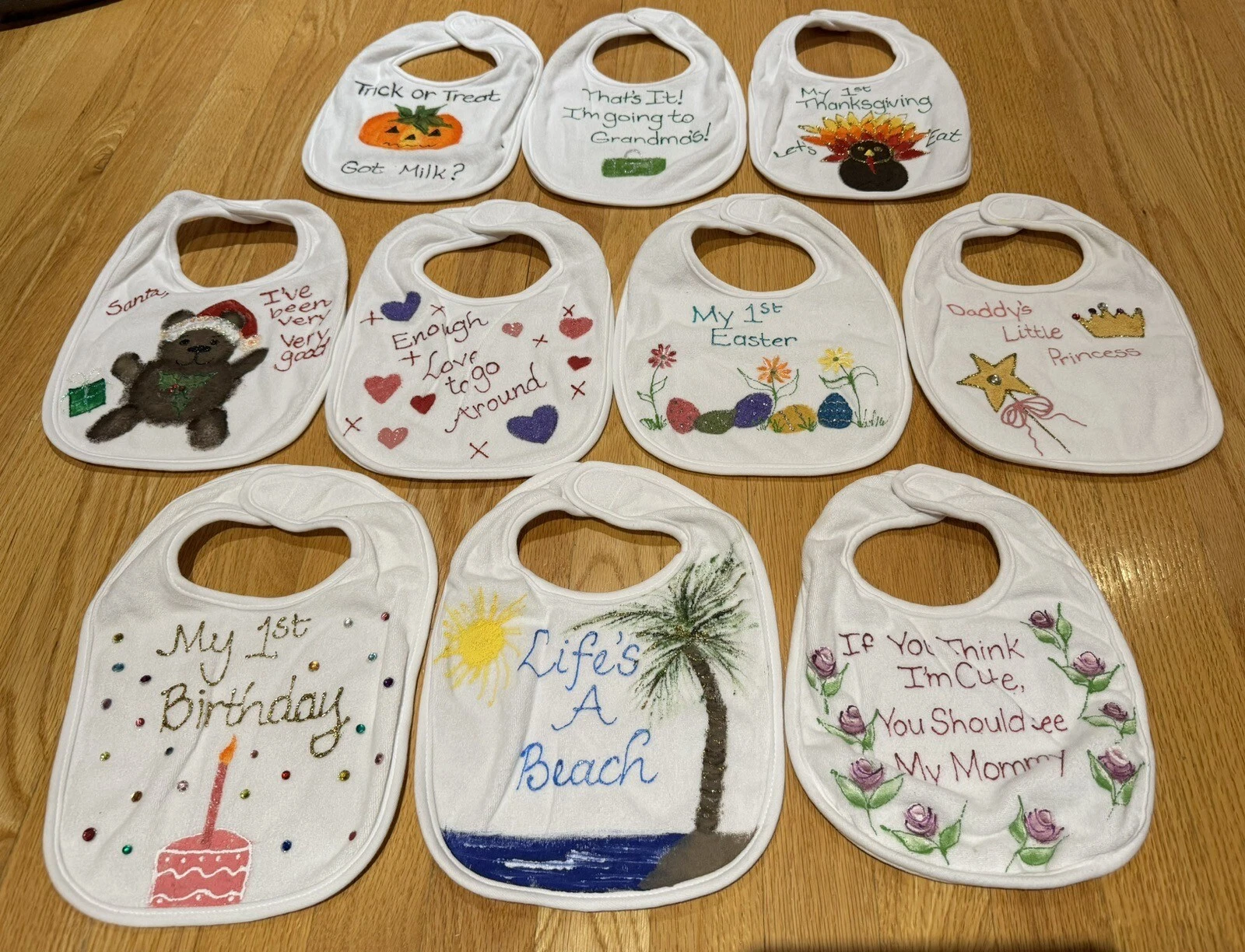 Lot Of 10 Handmade Baby Bibs Holiday, Easter, Valentines - Great Shower Gift!