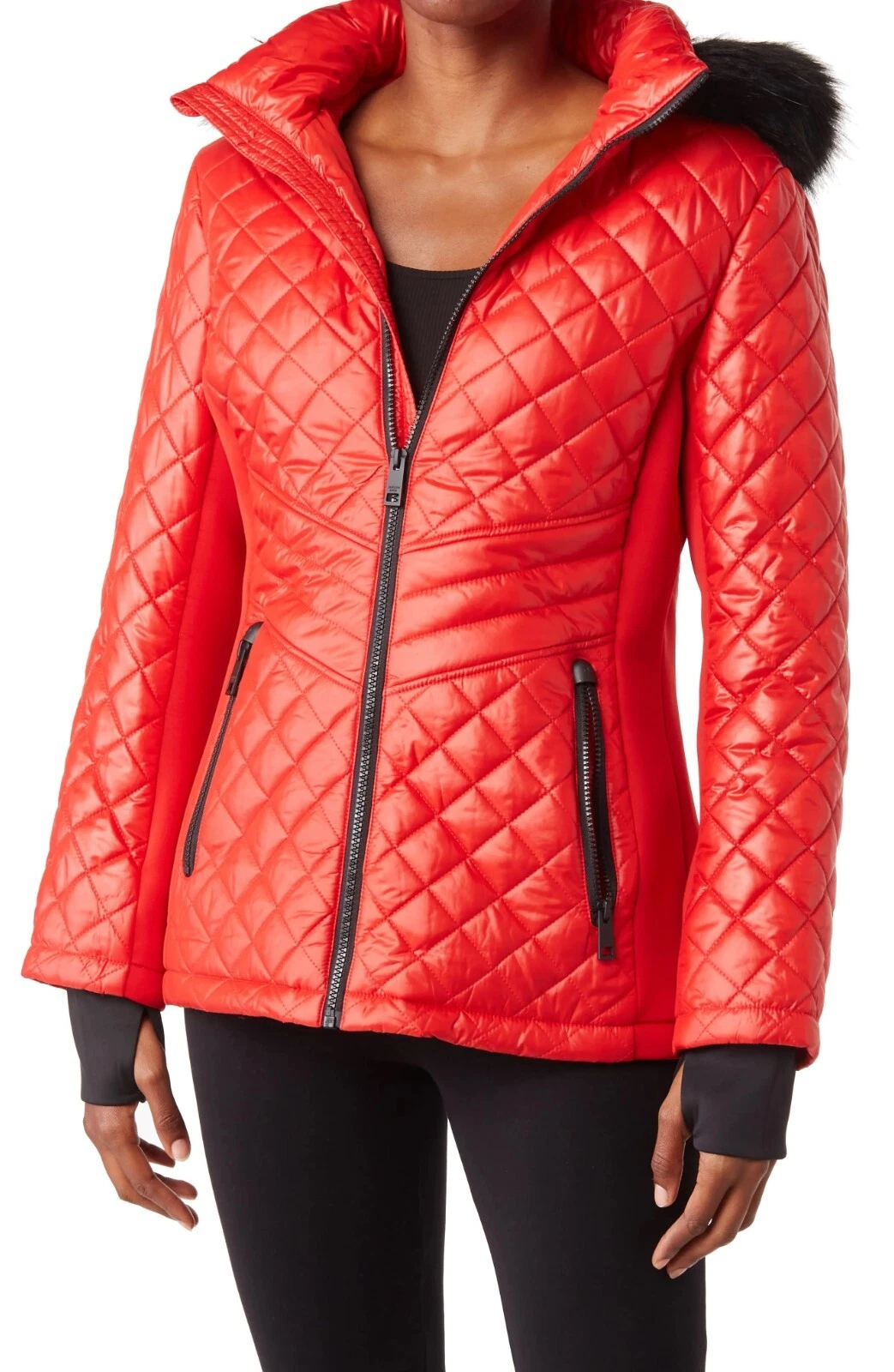 Giacca imbottita trapuntata con cappuccio bordo pelliccia sintetica donna Michael Kors rosso nero taglia M