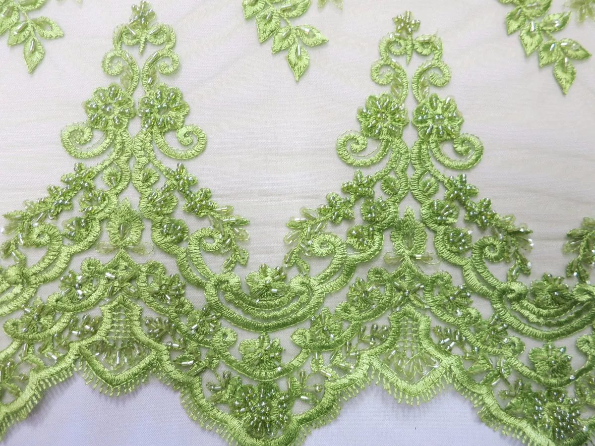 Green Floral Mesh w Embroidery Hand Beaded Lace Fabric 52