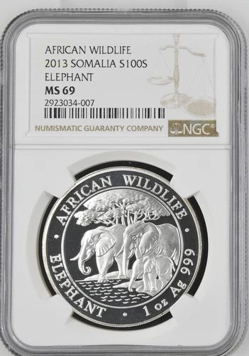 NGC Certified: MS69, Somalia Elephant (2013), 100 Shillings African Elephant