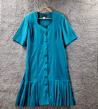 Vintage NONI B Womens Dress Size 14 Teal Blue Short Sleeve A-line Square Neck