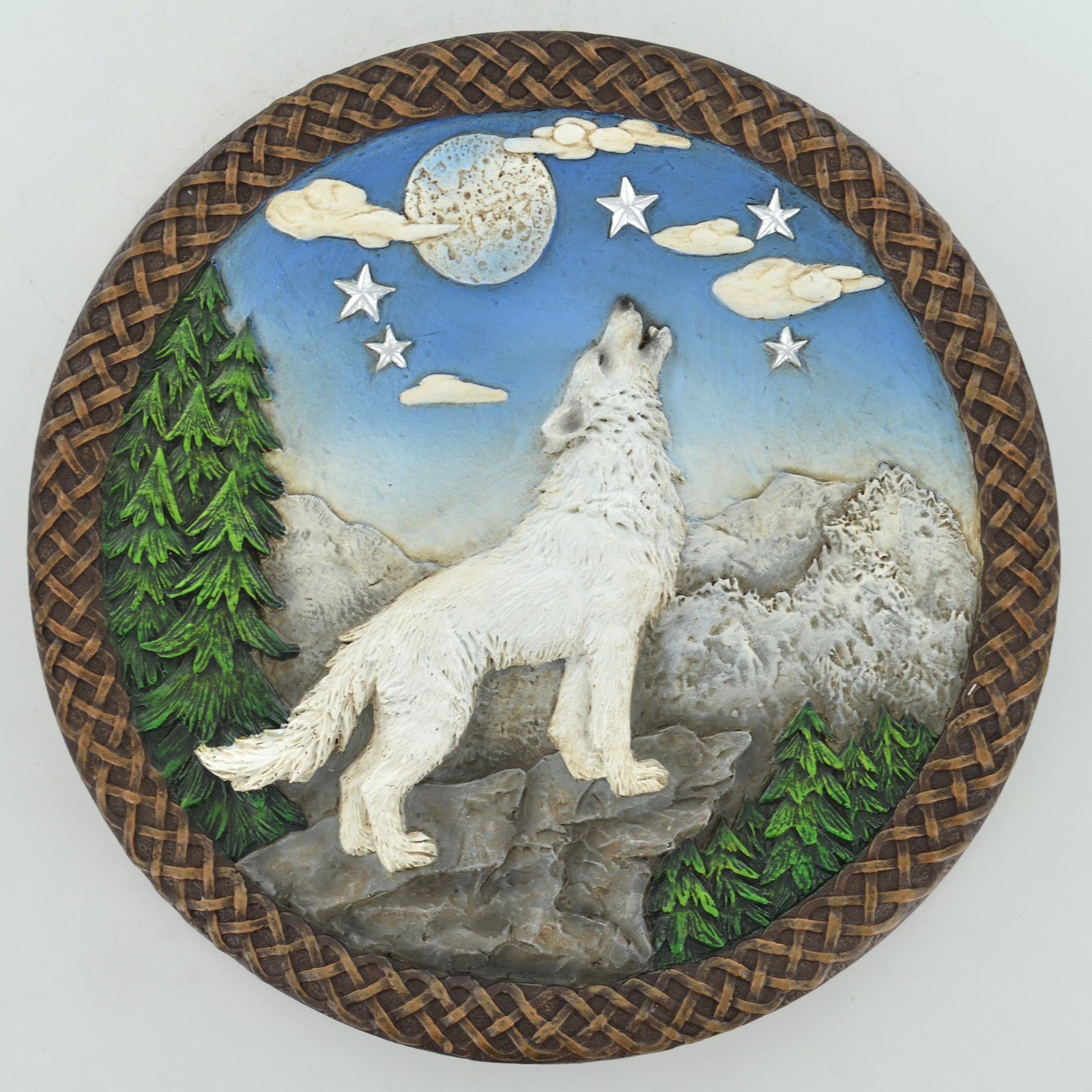 White Wolf On Mountain Howling Into Moon Round Plaque 39781