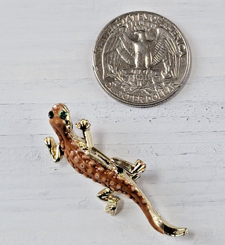Vintage GECKO Lizard Gold Tone Enamel Green Rhinestones Brooch - Picture 2 of 3