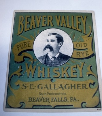 Rare Beaver Valley Old Rye Whiskey Bottle Label Beaver Falls P.A. 1800's