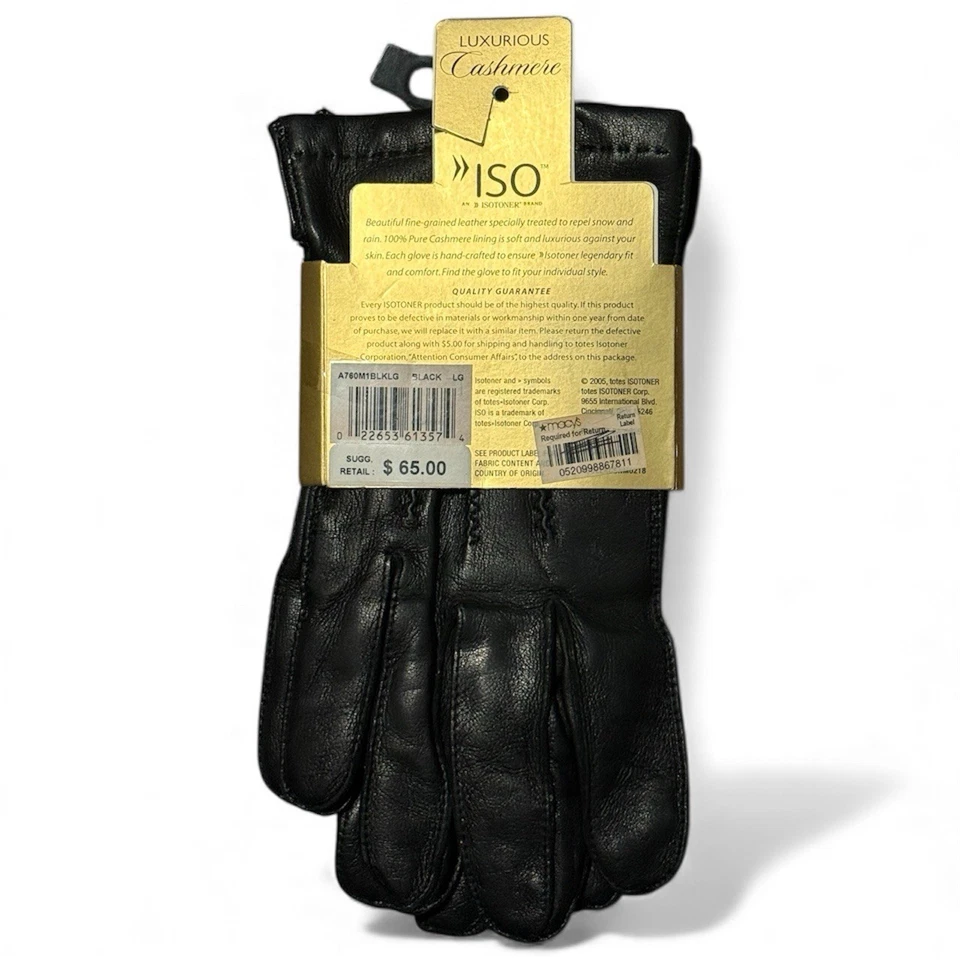 Isotoner Water Resistant Leather Gloves Luxe Cashmere Lining - Black - Large - Image 2 of 2