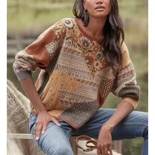 GARNET HILL Recycled Cashmere Patchwork Sweater Womens Medium Brown Green Cozy