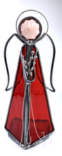 Angel Stained Glass Candle Holder 9" Red Clear Edge Glass Prism Head