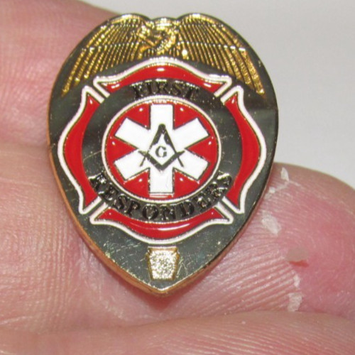 First Responder Masonic Lapel Tac Stick Stud Red & Gold Compass Square Pin