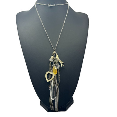 Accessorize Charm Pendant Necklace Bird Heart Yellow Stone Tassel Boho 32''
