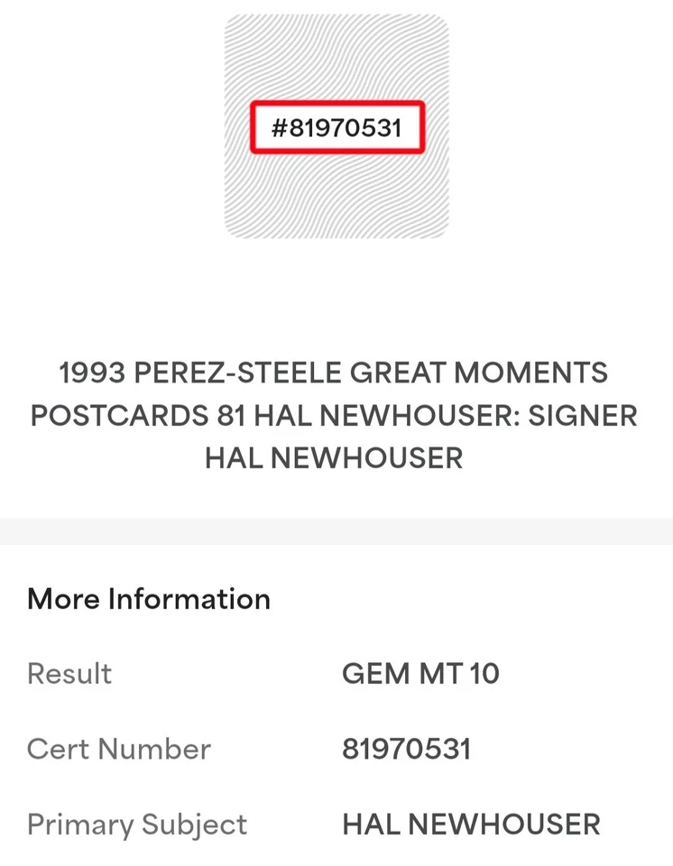 HAL NEWHOUSER SIGNED PEREZ STEELE GREAT MOMENTS POSTCARD AUTO PSA/DNA GEM 10 HOF - Image 3 of 3