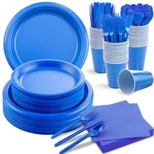 MirthMood 350 Pieces Blue Party Supplies, Disposable Dinnerware Set, Includin...
