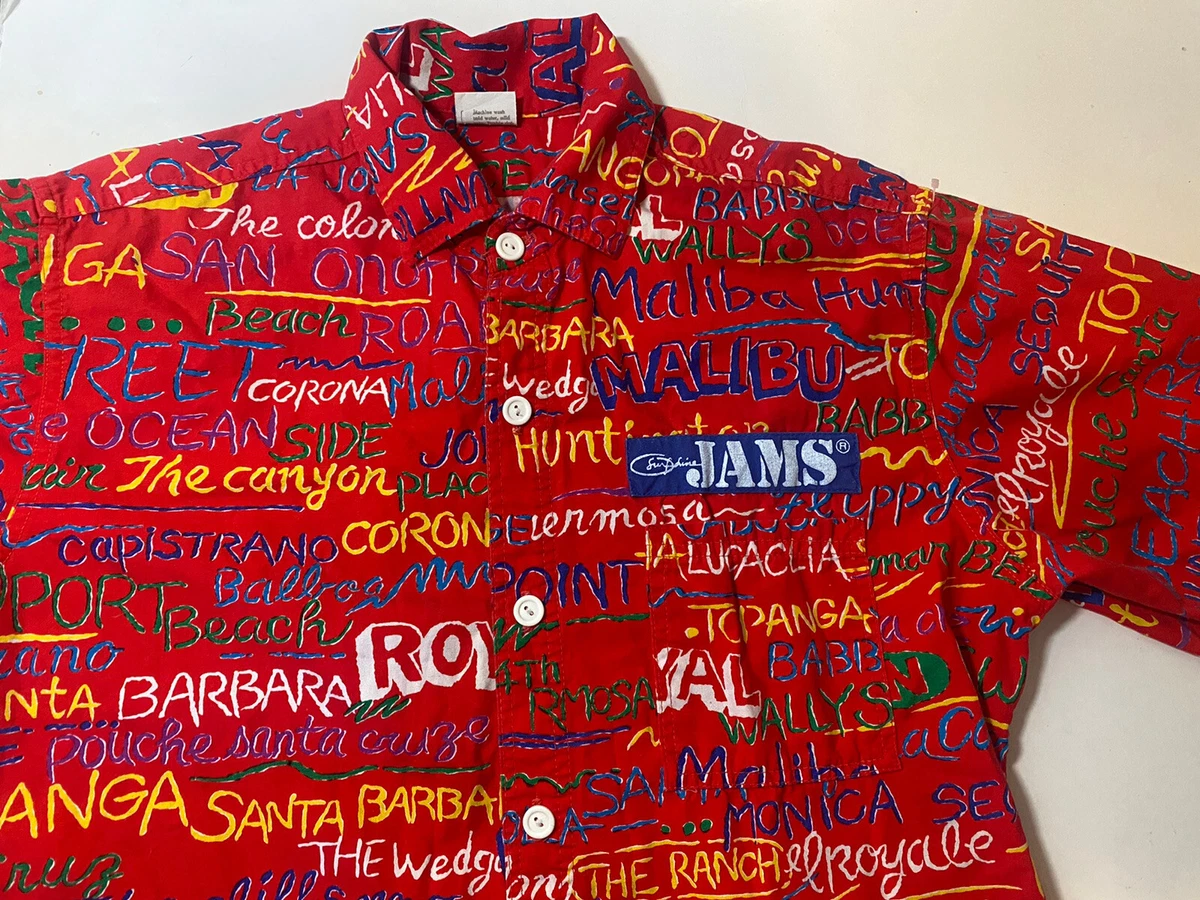RARE Surfline Hawaii original JAMS California Graffiti Hawaiian Shirt Red Sz L