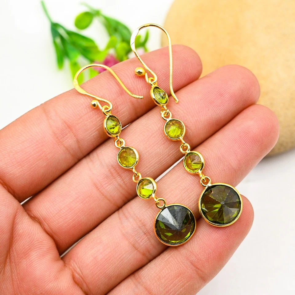 Dainty Peridot Gemstone Dangle Earring 925 Sterling Silver Handmade Jewelry Gift - Image 3 of 4