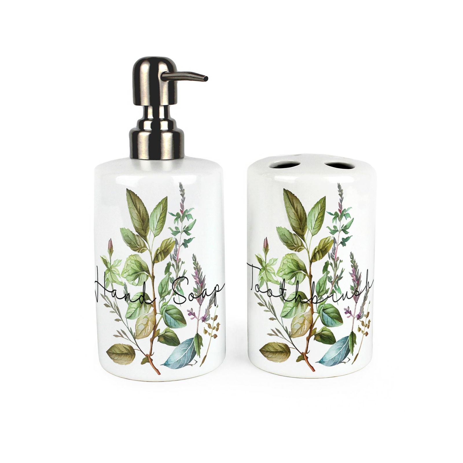 Watercolour Herbs Bathroom Set - Garden Ceramic Soap Bottle & Toothbrush Holder