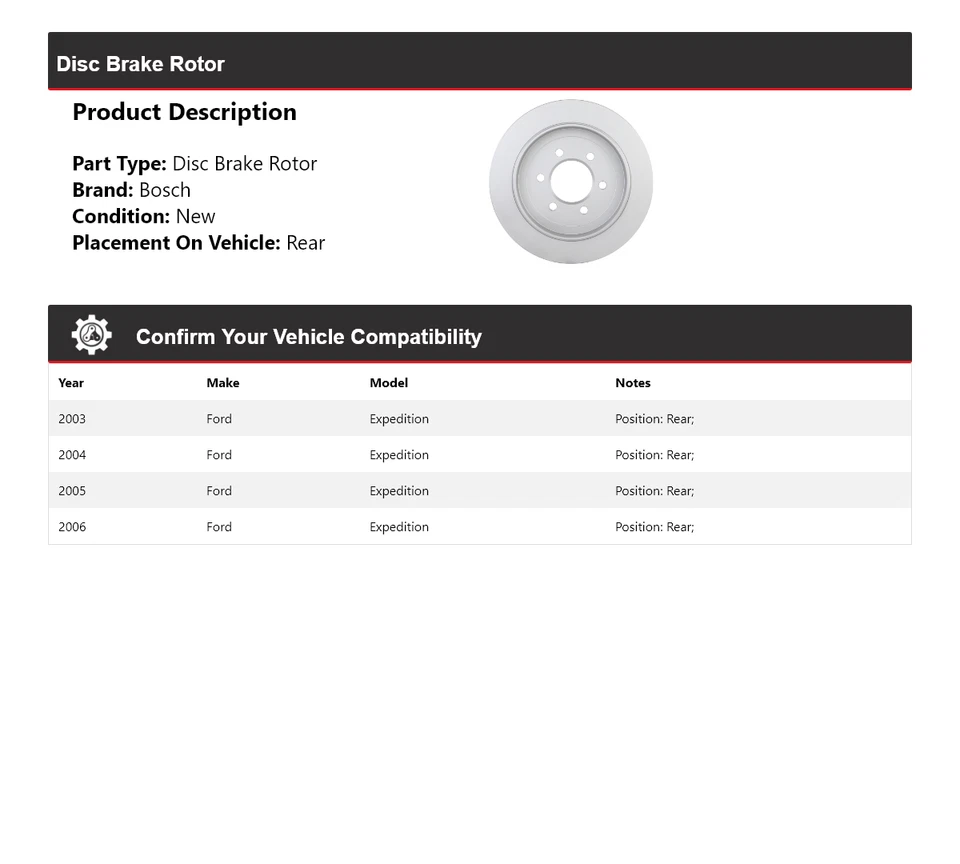 Rotor de freno de disco trasero para Ford Expedition Bosch QuietCast 2003-2006 2004 2005 Foto 2 de 4