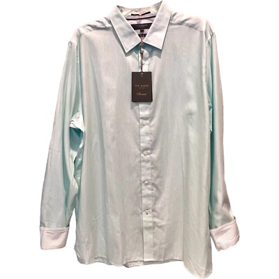 NEW Ted Baker Mens Linen Blend Shirt Size 17 Mint Green Long Sleeve Flip Cuff