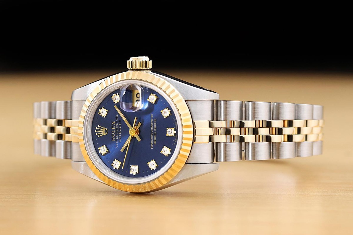 ROLEX DATEJUST 69173G 金属コマ 2コマ ROLEX LADIES DATEJUST 69173 BLUE FACTORY DIAMOND DIAL 18K GOLD